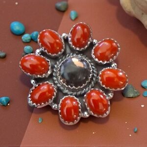 ITALIAN CORAL AND BLACK STALLION DAHLIA RING 925 STERLING SILVER ADJUSTABLE